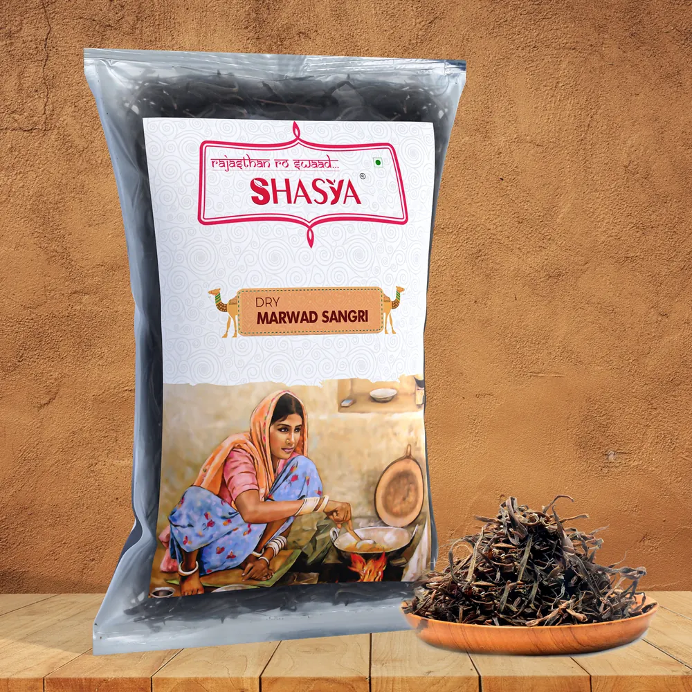Shasya Marwad Sangri pack with dried sangri beans on a wooden plate